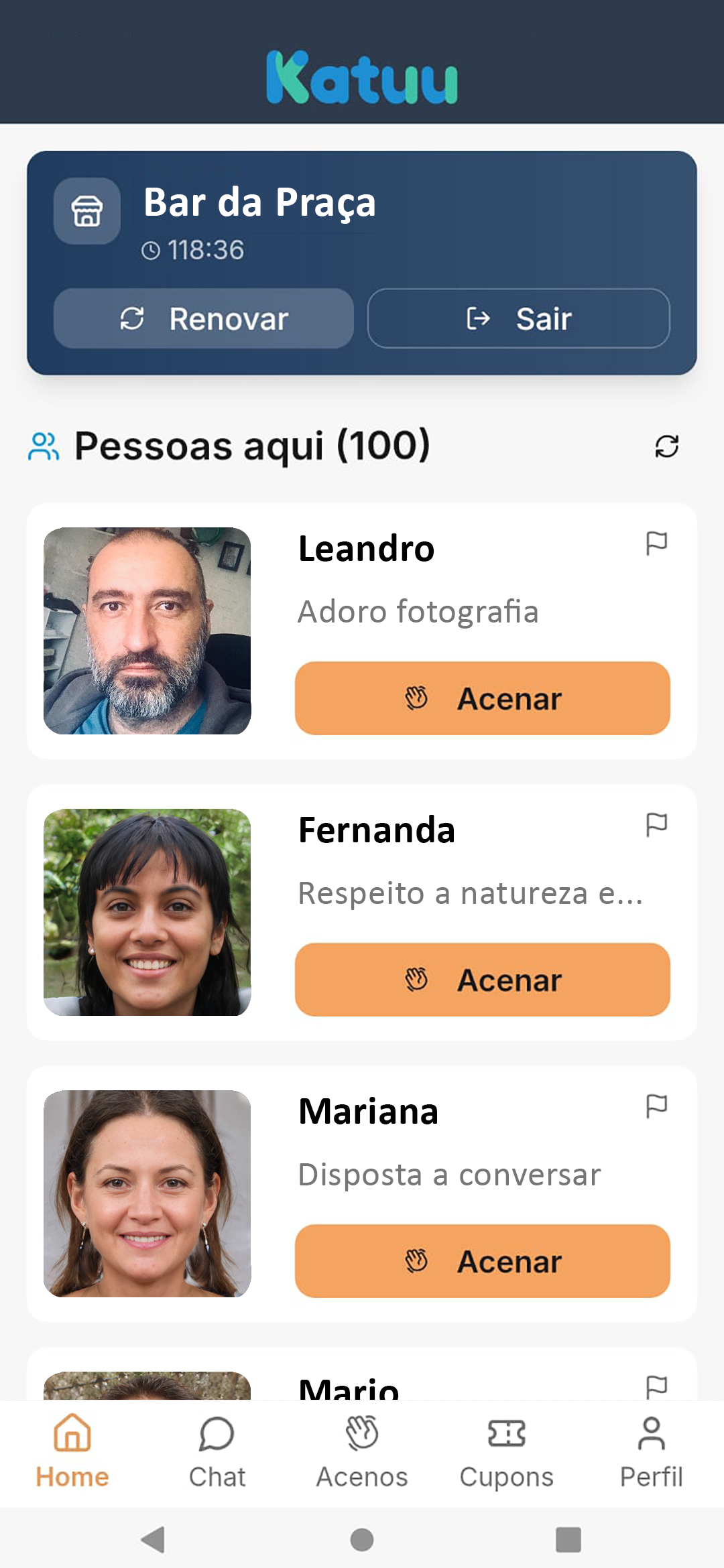 Tela do Katuu mostrando pessoas presentes no local