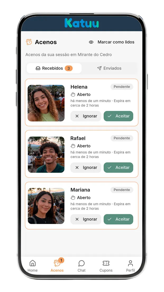 Tela de acenos recebidos no Katuu, com os botões Ignorar e Aceitar