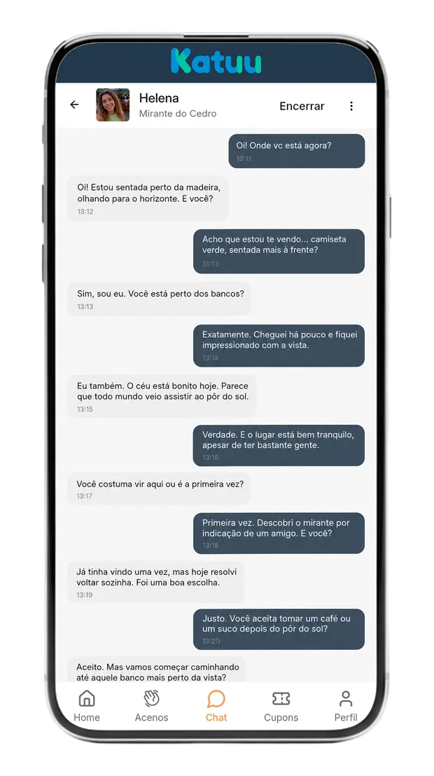 Conversa no Katuu entre duas pessoas no mesmo local, com o botão Encerrar