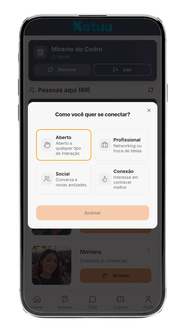 Diálogo do Katuu perguntando como você quer se conectar, com as opções Aberto, Profissional, Social e Conexão