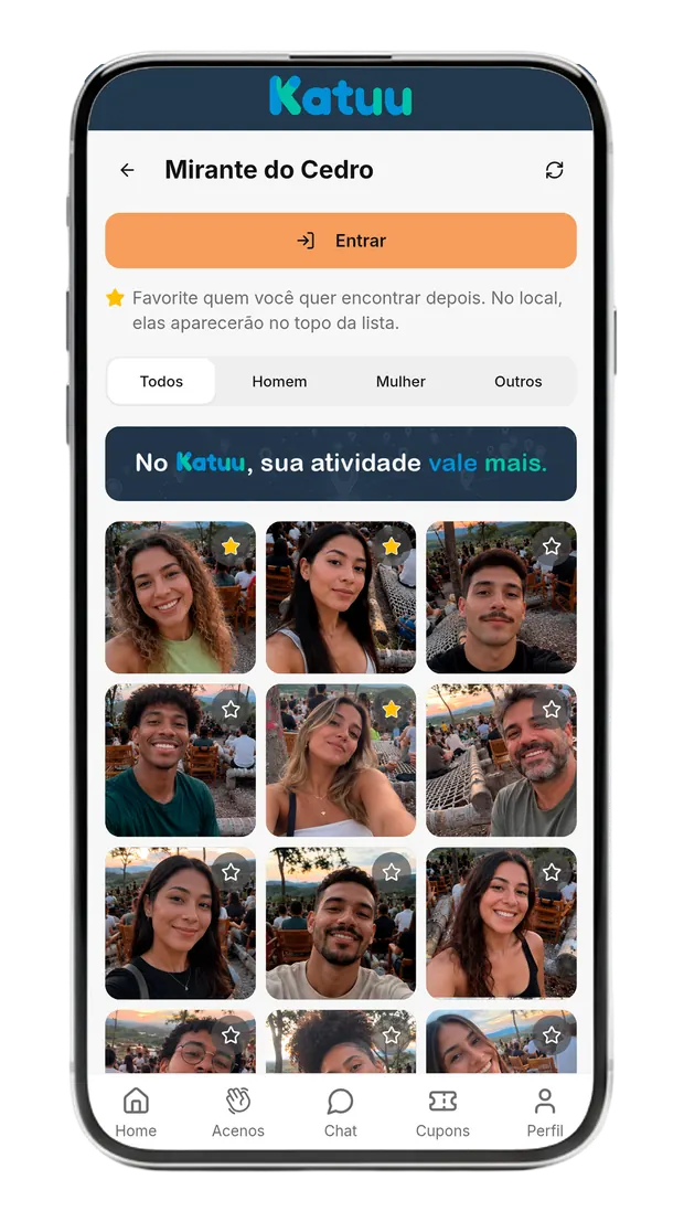 Tela de prévia de um local no Katuu, com as fotos de quem está lá e as estrelas de favorito